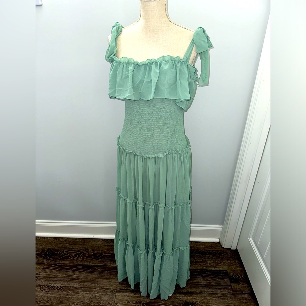 Like a Fairy Tale Sage Green Smocked Tie-Strap Tiered Maxi Dress lulus